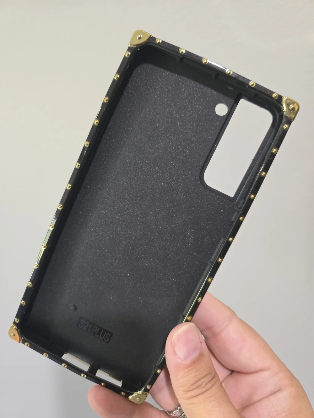 Trunk-Style Phone Case in Brown with Gold Hardware S21plus